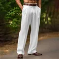 Full view of men's white pleated linen trousers with a loose straight-leg fit - S / Bottoms / White