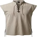 Detailed front view of men's sleeveless beige lace-up Henley shirt in hippie beach style. - S / Tops / Beige
