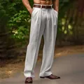 Men's breathable white linen trousers featuring a double pleat and straight-leg fit. - S / Bottoms / Light Gray