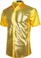 Men's yellow short sleeve button down shirt with shiny silver sequins for disco parties - Bright yellow