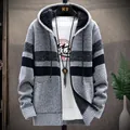 Men's thick winter fleece lined zip-up knitted hooded cardigan sweater in light gray color - Light Gray