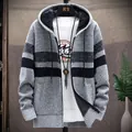 Men's thick winter fleece lined zip-up knitted hooded cardigan sweater in light gray color - M / Tops / Light Gray