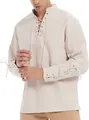 Detailed view of medieval lace-up shirt with adjustable drawstring cuffs and neckline - Beige