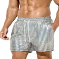 Detail view of men's silver holographic grid beach shorts with drawstring waist - M / Bottoms / Silver Plaid