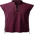 Front detailed view of maroon sleeveless hippie Henley shirt with lace-up collar design - Burgundy