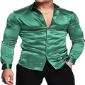 Gedetailleerd overzicht van de glanzende groene satijnen textuur op dit herenoverhemd met lange mouwen - 3XL / Tops / Donkergroen