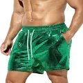 Close-up of men's green metallic grid shorts with a drawstring waist and pockets. - M / Bottoms / Green Checkered