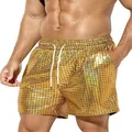 Metallic shiny golden grid patterned men's casual beach shorts with white drawstring - M / Bottoms / Golden Grid