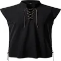 Detail of black sleeveless Henry shirt with lace-up collar and cotton texture. - S / Tops / Black