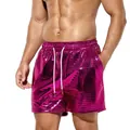 Men's shiny metallic grid shorts in magenta with white drawstring for beach parties - Rose Red Plaid