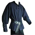 Medieval men's vintage lace-up tunic with woven belt and stand collar details - M / Tops / Blue