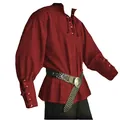 Detailed view of a classic burgundy medieval men's tunic featuring a lace-up collar. - M / Tops / Brown Red