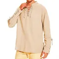 Dettaglio camicia casual da uomo in cotone e lino con scollo a V e lacci beige - Taglia S / Top / Kaki