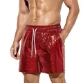 Men's stylish shiny red grid-patterned leisure shorts with adjustable drawstring - 5XL / Bottoms / Wine Red Plaid