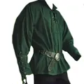 Detailed macro view of men's dark green medieval lace-up tunic shirt with puffy sleeves - M / Tops / Green