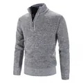 Hochwertiger grauer Herren-Strickpullover mit Stehkragen und halbem Reißverschluss für den Winter - M / Oberteile / Hellgrau