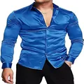 Heren glanzend koningsblauw satijnen discohemd met lange mouwen en een slanke pasvorm - 3XL / Tops / Saffierblauw