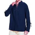 Chemise homme bleu marine avec laçage au col et aux manches en coton et lin - Bleu marine
