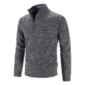 Herren Strickpullover mit halbem Reißverschluss Stehkragen und warmem Futter - M / Oberteile / Dunkelgrau