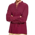 Dettaglio della tunica bordeaux in cotone e lino con scollo a V stringato e maniche intrecciate - Taglia S / Top / Borgogna