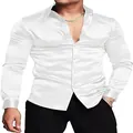Detail van een glanzend wit satijnen discohemd met lange mouwen voor heren op een model - 3XL / Tops / Wit