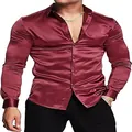 Heren bordeaux glanzend satijnen overhemd met lange mouwen, disco stijl jaren '70 - 3XL / Tops / Bordeauxrood