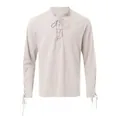 Chemise rétro homme en coton lin avec col V à lacets et détails sur les manches. - Blanc Cassé