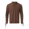 Chemise homme en coton et lin marron vintage avec col en V et manches boutonnées à lacets - Brun Foncé