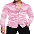 Detail van het gladde satijnen roze glanzende herenoverhemd met lange mouwen disco stijl - 3XL / Tops / Roze