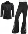 Costume disco homme années 70 avec chemise à paillettes et pantalon pattes d'eph - S / Haut Et Bas / Ensemble Zirconium Noir