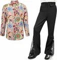 Detailansicht eines 70er Disco-Outfits mit bedrucktem Hemd und Pailletten-Schlaghose - Tropisches Set Aus Oberteil Und Hose