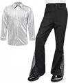 Chemise disco à paillettes argentées et pantalon évasé noir avec des détails brillants - S / Haut Et Bas / Ensemble Zirconium Blanc