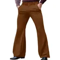 Detail view of men's slim fit brown bell-bottom trousers with slanted side pockets - S / Bottoms / Coffee