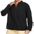 Chemise homme en coton et lin noir à lacets manches longues décontractée été - S / Hauts / Noir