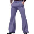 Detailed view of men's purple slim fit flared trousers featuring stretch fabric and side pockets - Purple