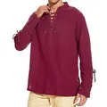 Chemise décontractée pour hommes en coton et lin bordeaux avec col en V et manches lacés - S / Hauts / Bordeaux