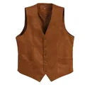 Close-up detail of a vintage brown suede V-neck slim fit vest for men with buttons - M / Tops / Tan