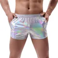 Detailed view of men's silver holographic shorts with shiny metallic finish and elastic waist - M / Bottoms / White