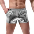 Close-up detail showing the silver shiny metallic fabric of men's summer casual shorts - M / Bottoms / Gray
