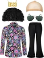 Men's 70s disco costume set with floral shirt, flare pants, wig and accessories - S / Set / Purple Floral (6-Piece Set: Shirt + Pants + Accessories)