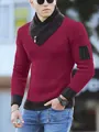 Close-up detail of men's slim-fit burgundy knitted sweater with a scarf collar - S / Tops / Fuschia