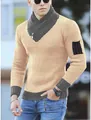 Slim fit men's knit sweater featuring a unique scarf collar and ribbed texture details. - S / Tops / Khaki