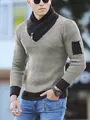Men's slim-fit grey knitted pullover with unique black scarf collar and zipper detail. - S / Tops / Khaki