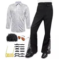 Disfraz de disco de los años 70 para hombre con camisa de lentejuelas plateadas y pantalón - S / Top y Pantalones / Blanco