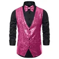 Front view of men's hot pink sequin vest and matching bow tie set for performers - Rose Red