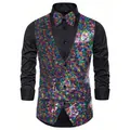 Close-up of men's colorful sequin vest set with black shirt and matching bow tie - Colorful