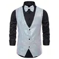 Mens shimmering white iridescent sequin stage performance vest with matching bowtie - White