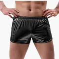 Elegant men's shiny black metallic coating fashion shorts with elastic waist detail - Black