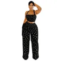 Elegant zwart-wit polkadots tweedelig setje met haltertop en wijde broek met franjes decoratie - S / Boven- En Onderstuk / Zwart