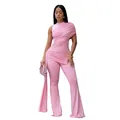 Detailansicht eines eleganten rosa ärmellosen Jumpsuits mit Seitenschal und Schlaghose - S / Oberteile / Rosa